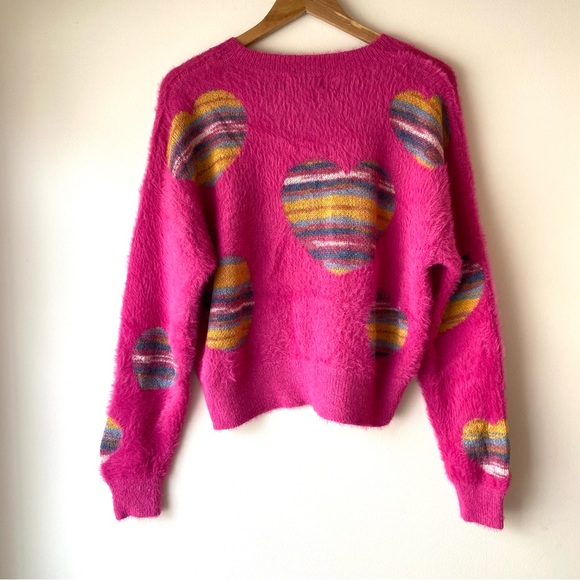 Just In// Fuzzy Heart Rainbow Magenta Semi Crop Sweater - Picture 11 of 15
